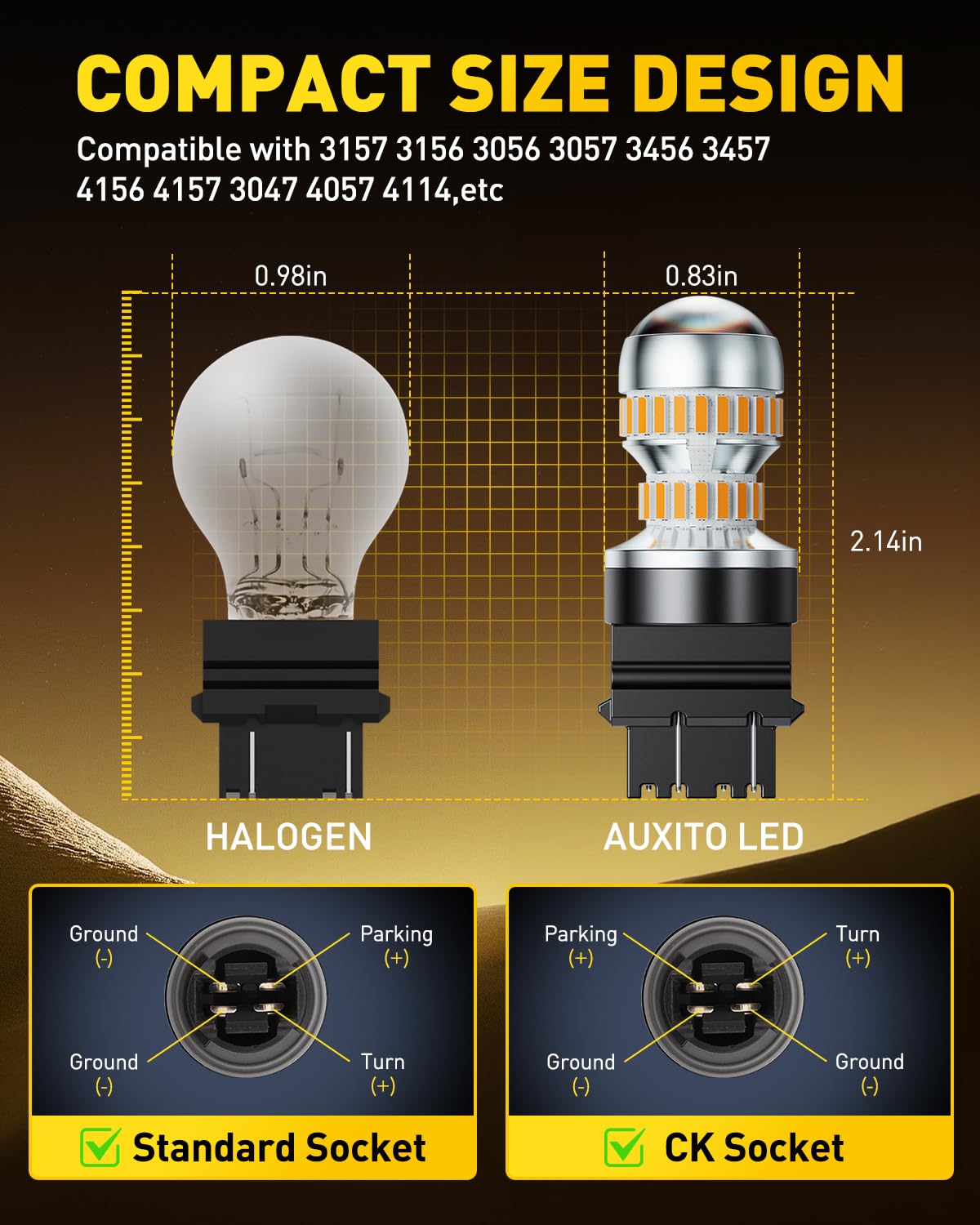 AUXITO next to an OEM halogen for size comparison and easy replacement fit