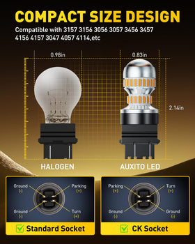 AUXITO next to an OEM halogen for size comparison and easy replacement fit