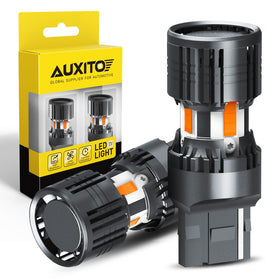 AUXITO 7440 front view amber LED bulb showing fitment and brighter signal