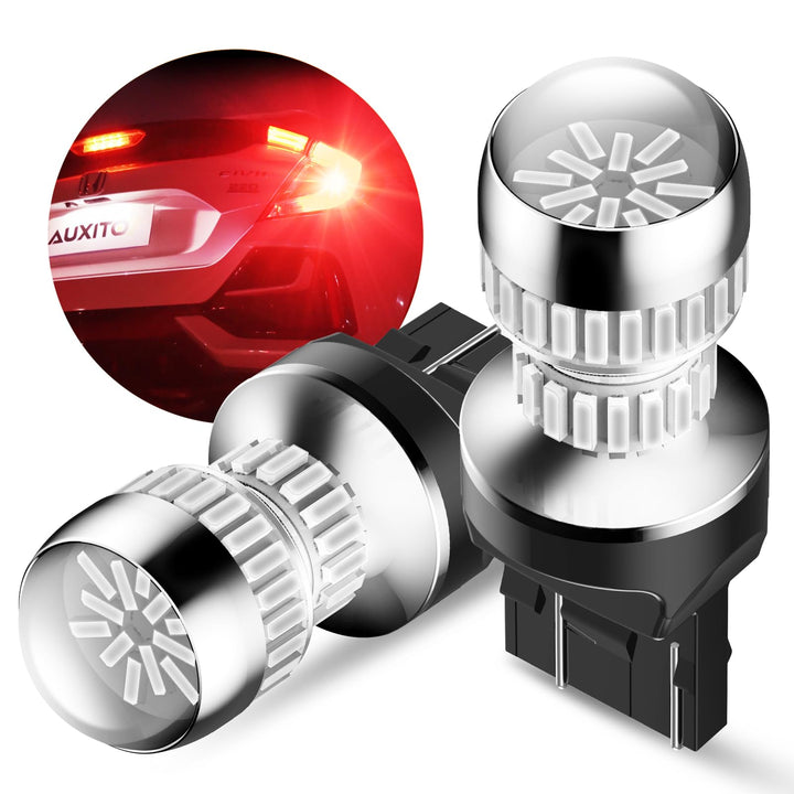 AUXITO front view of two 7443 LED strobe bulbs showing fit and shape for easy replacement