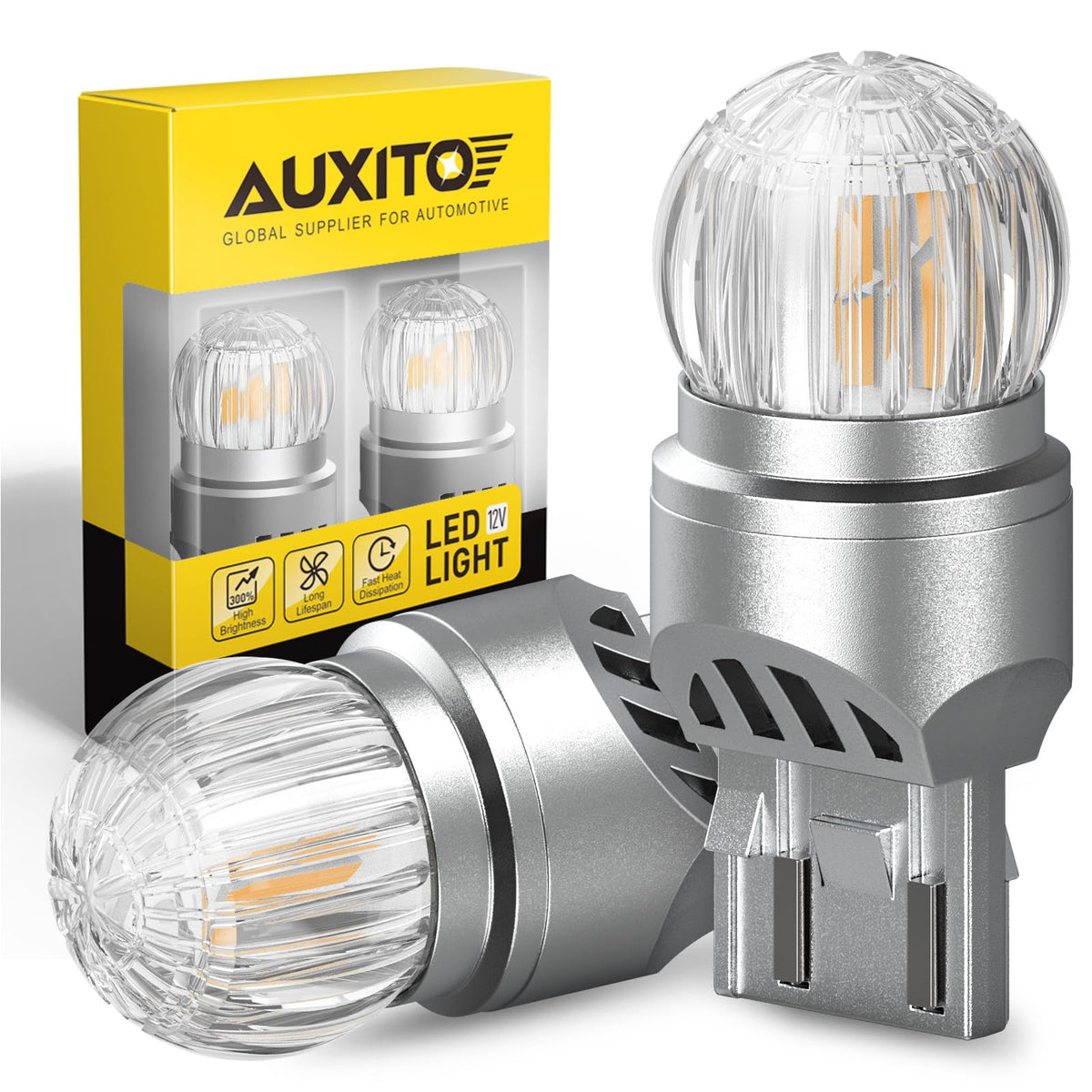 AUXITO 7443 front view showing bulb shape and amber lens for cleaner appearance