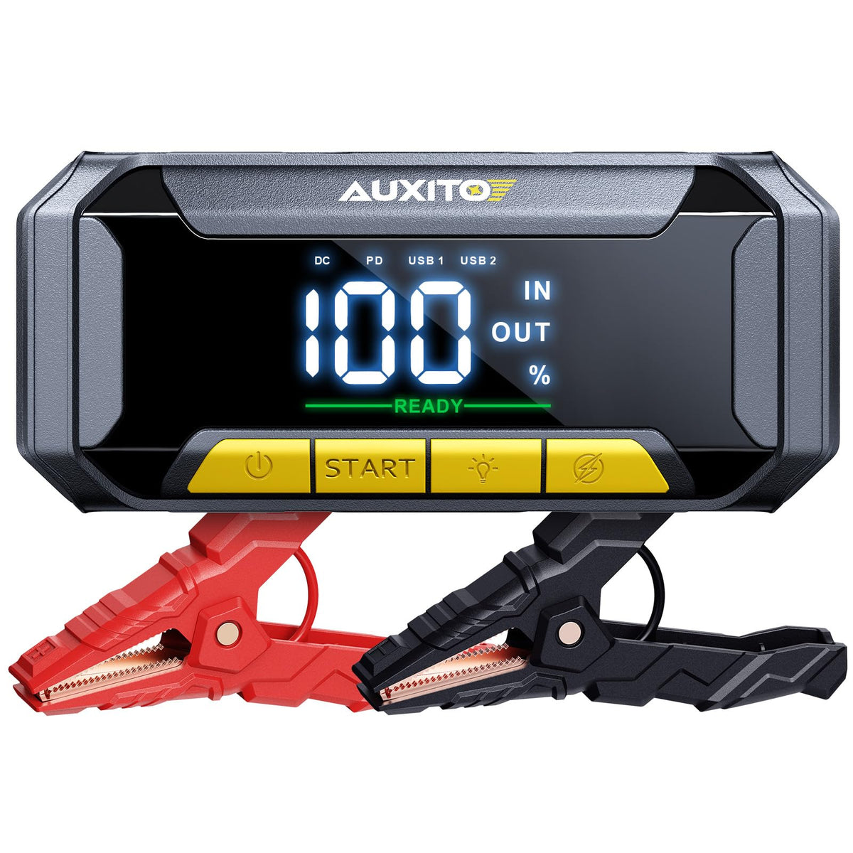 AUXITO 8000A front view showing compact jump starter and ports for fast charging benefit