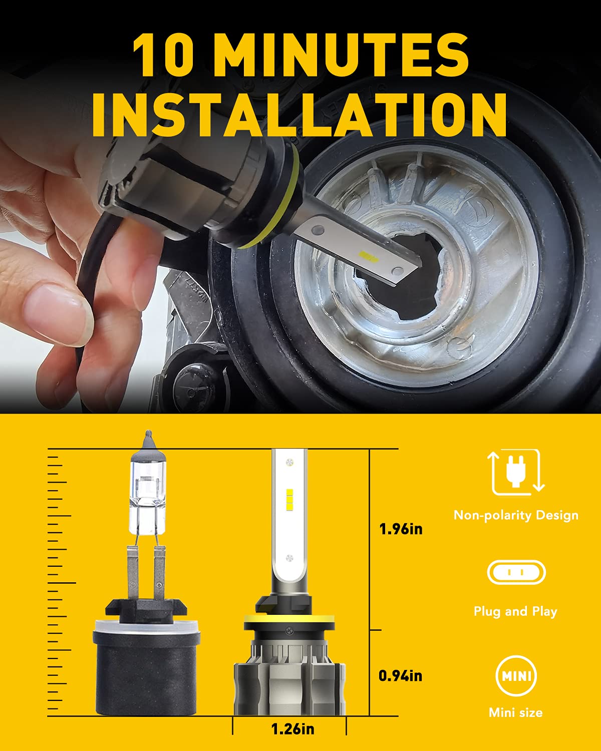 AUXITO 880 size comparison with halogen bulb illustrating compact, compatible dimensions