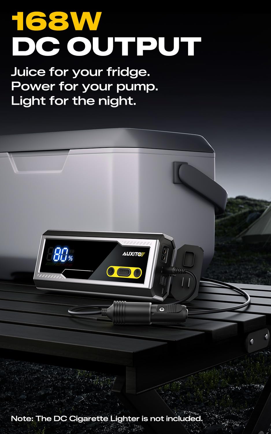 AUXITO powering a 12V air compressor showing 168W DC output utility