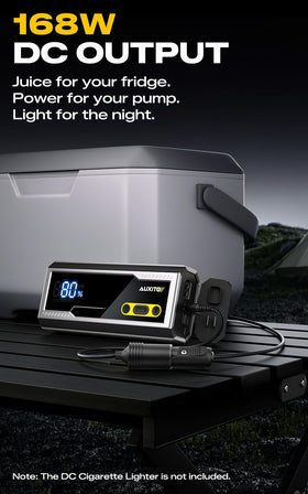 AUXITO powering a 12V air compressor showing 168W DC output utility