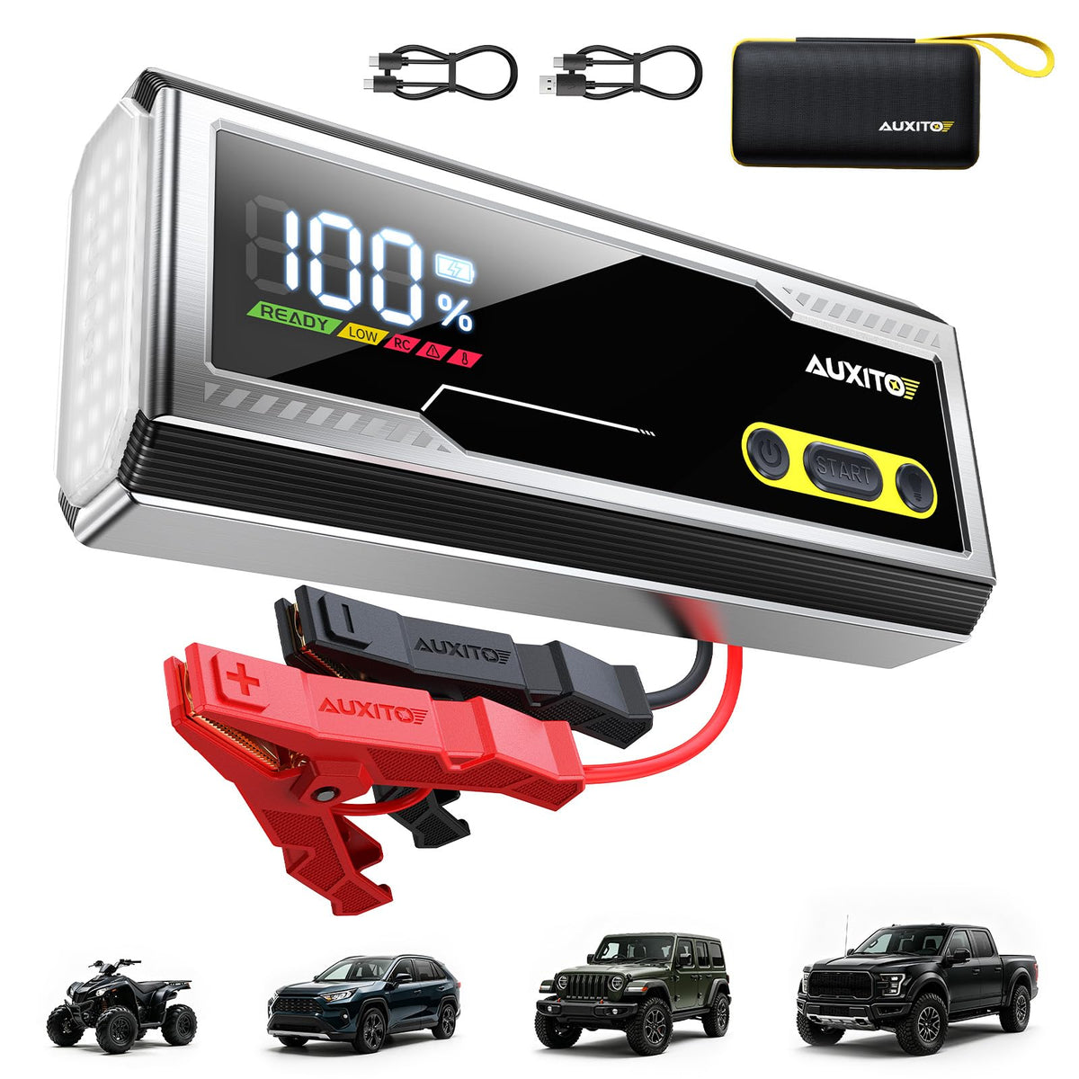 AUXITO 9000A front panel showing ports and rugged housing for reliable roadside power