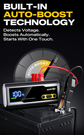 AUXITO LCD display close view showing battery percent and real-time status