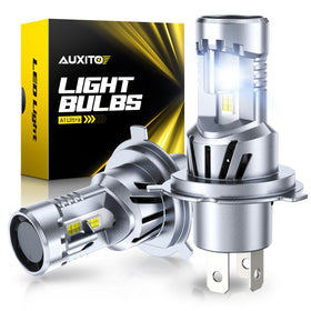 AUXITO 9003 H4 front view showing plug-and-play connector and compact design for easy install