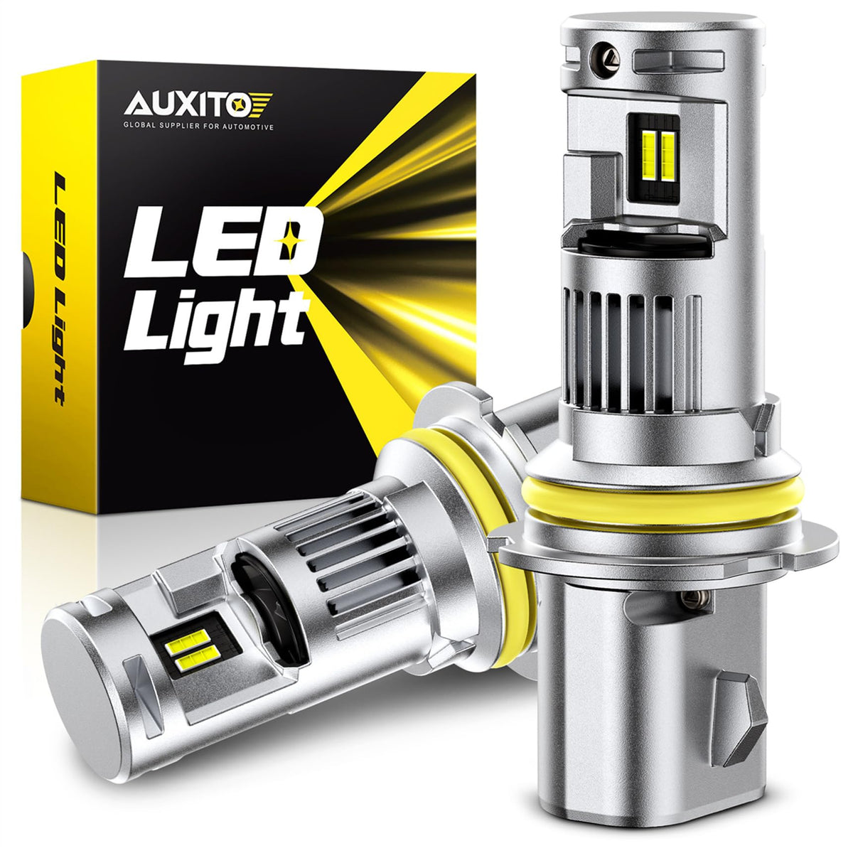AUXITO 9004 front view showing compact halogen-sized LED bulb for easy replacement