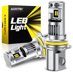 AUXITO 9004 front view showing compact halogen-sized LED bulb for easy replacement