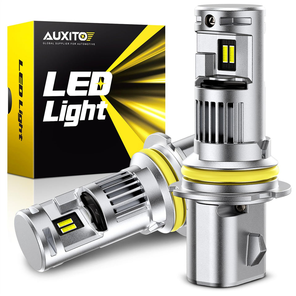 AUXITO 9004 front view showing compact halogen-sized LED bulb for easy replacement