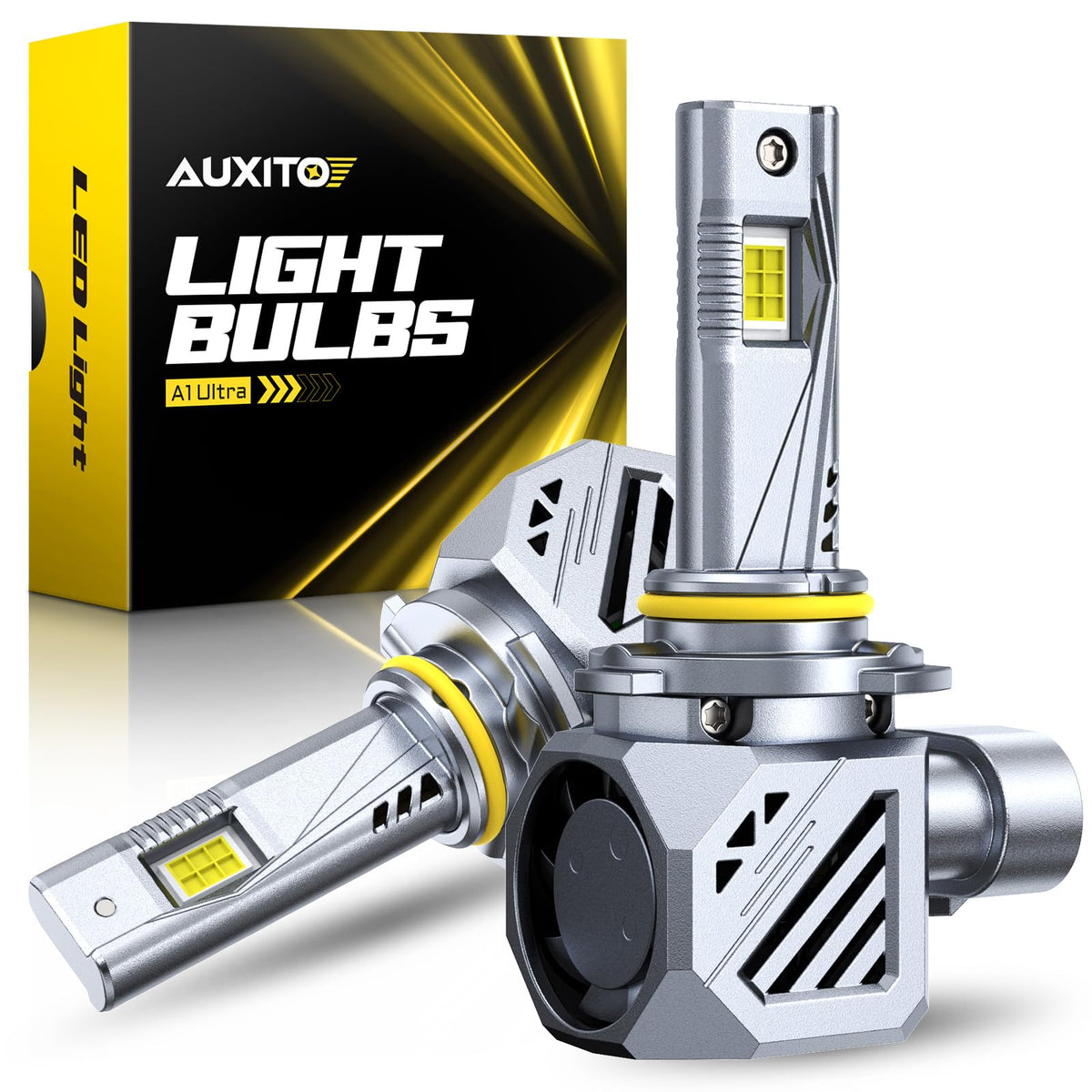 AUXITO 9005 front packaging showing the bulbs and benefits