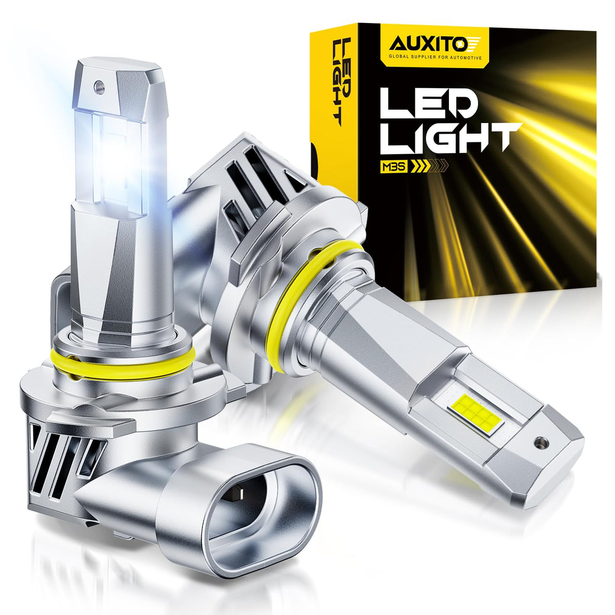 AUXITO front view of 9005 HB3 bulbs showing compact plug-and-play design and improved visibility