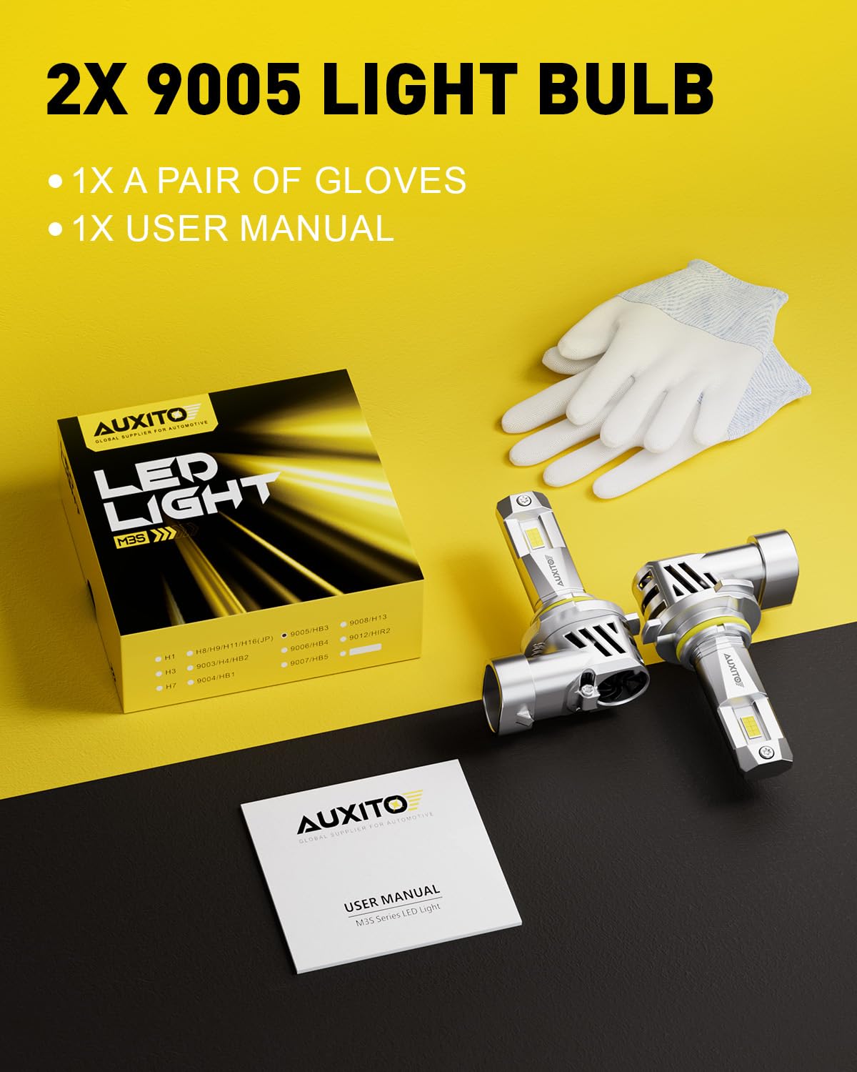AUXITO 9005 package contents with gloves and manual showing ready-to-install convenience and value