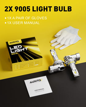 AUXITO 9005 package contents with gloves and manual showing ready-to-install convenience and value