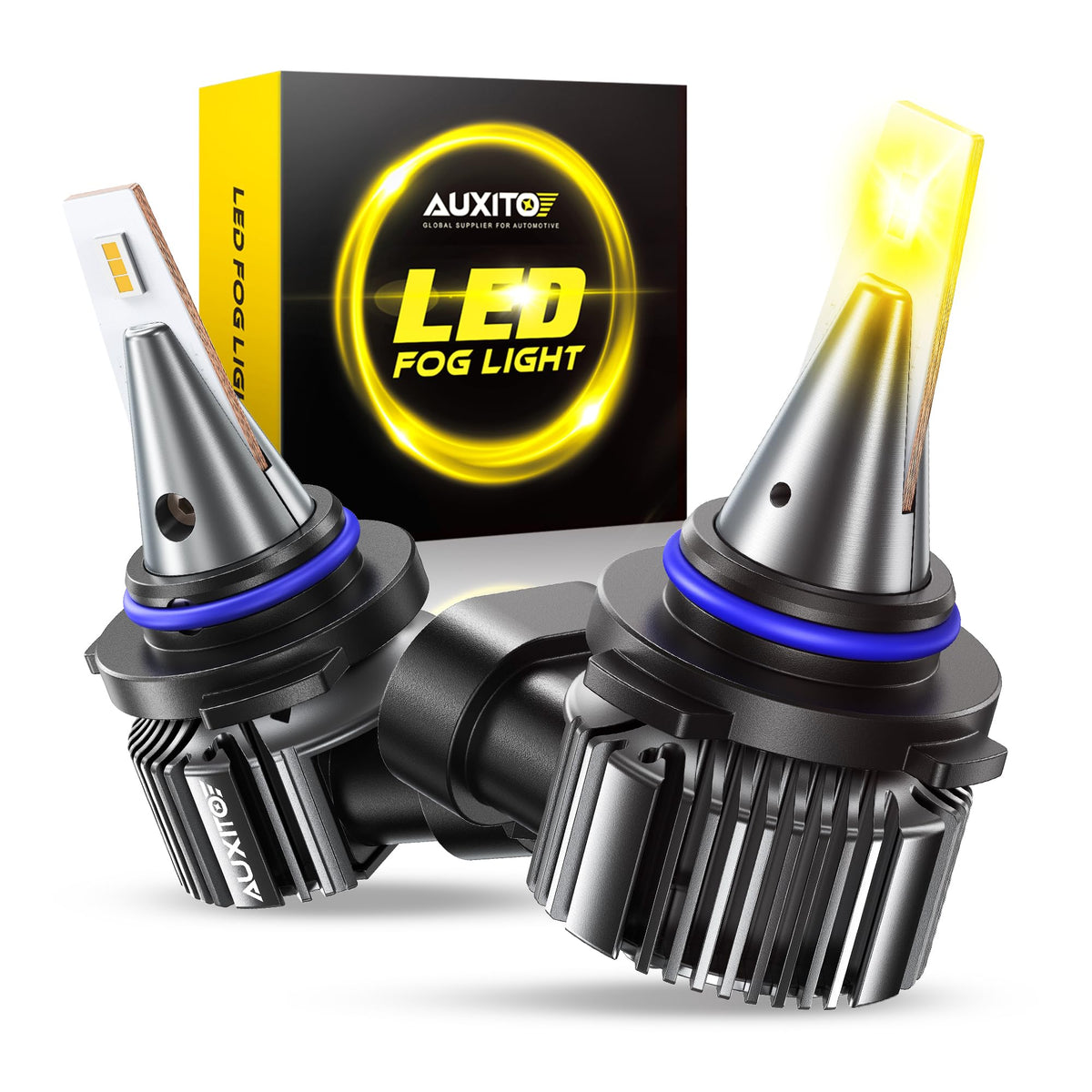 AUXITO front packaging showing two 9006 amber bulbs and kit contents for easy identification