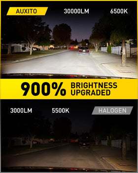 AUXITO 9006/HB4 beside a halogen bulb showing mini 1:1 size for easy fitment