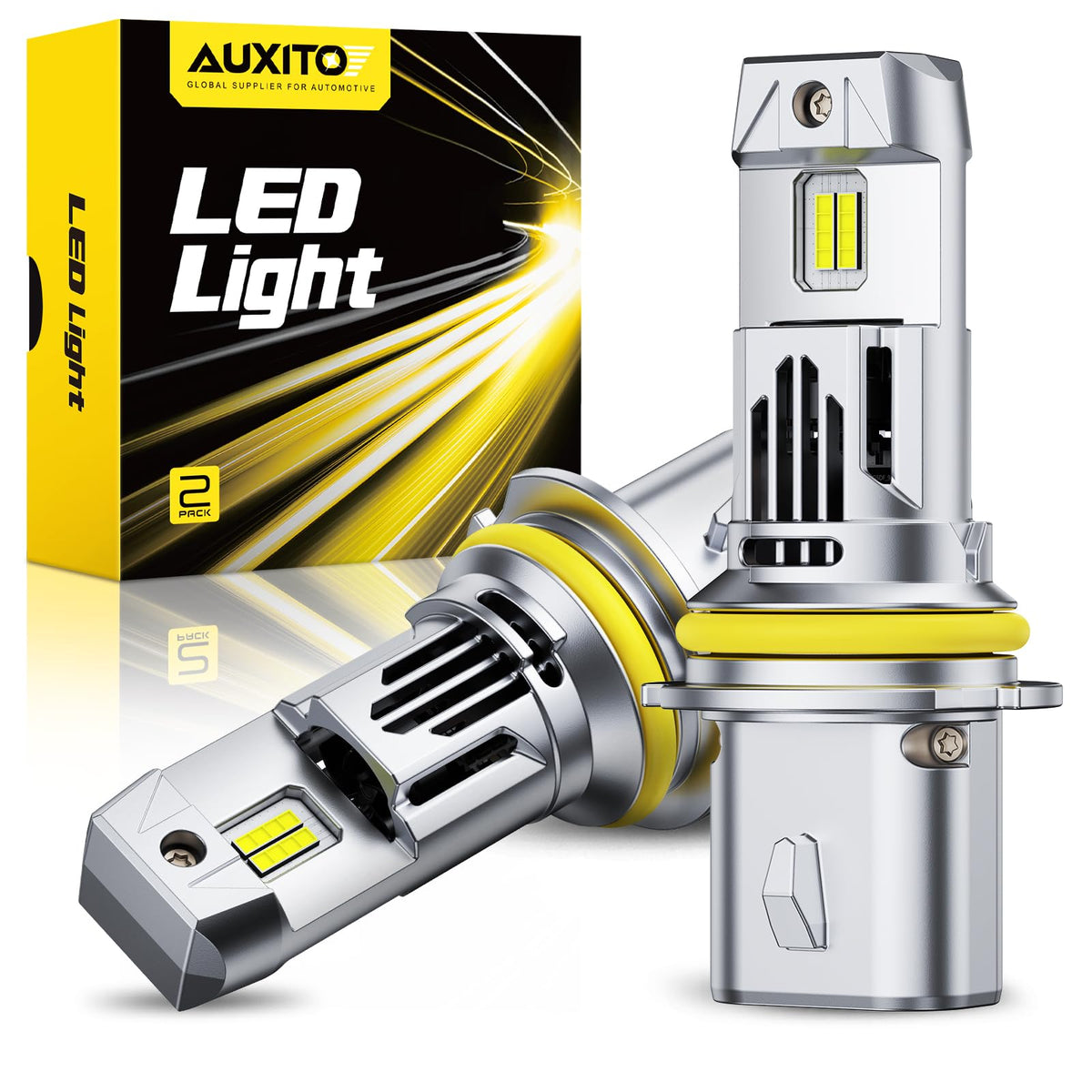 AUXITO 9007 front view showing both bulbs and plug-and-play benefit