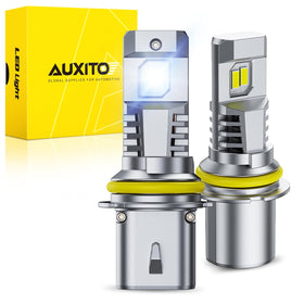 AUXITO 9007 front view of both bulbs and packaging showing bright upgrade