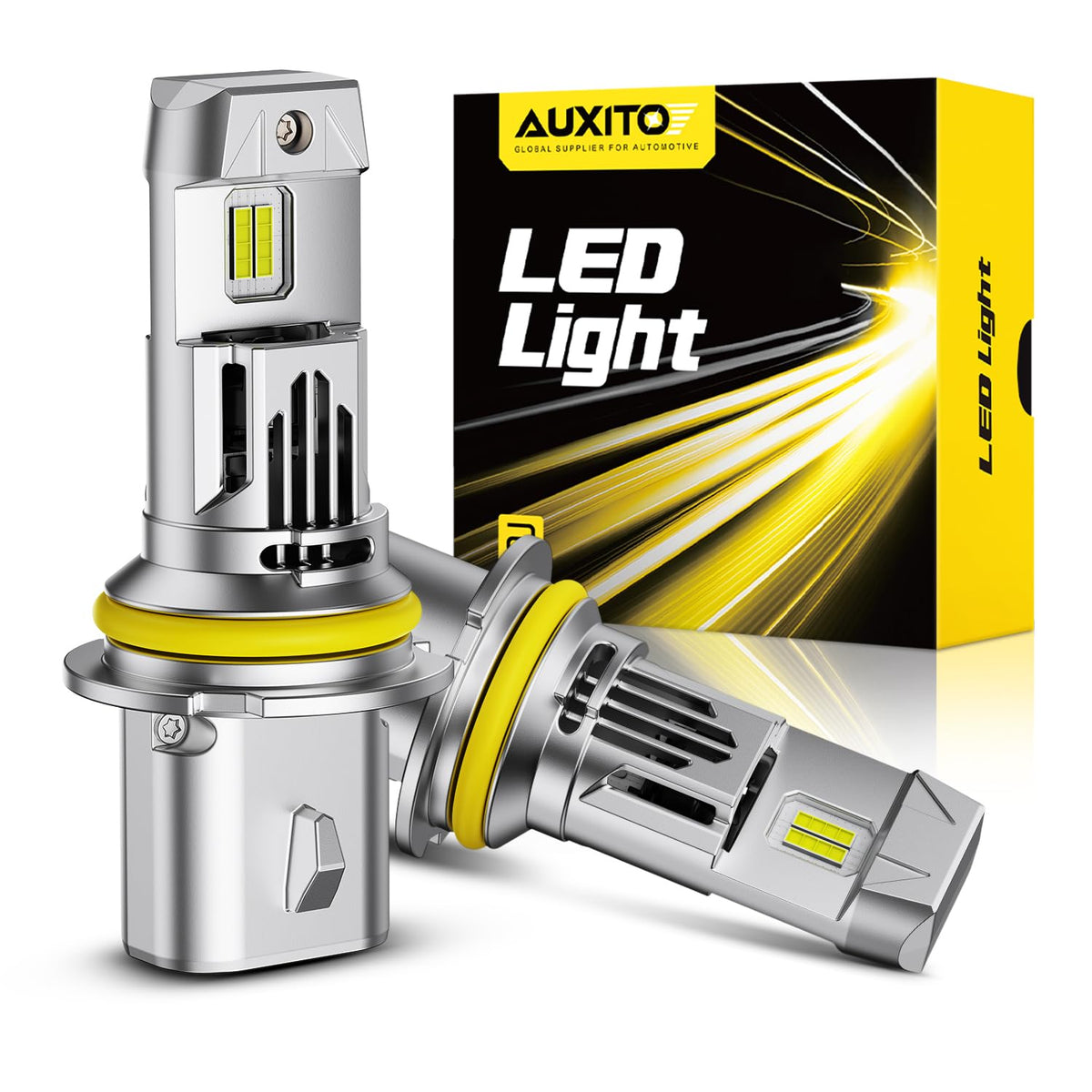 AUXITO 9007 front view showing LED face and brighter visibility