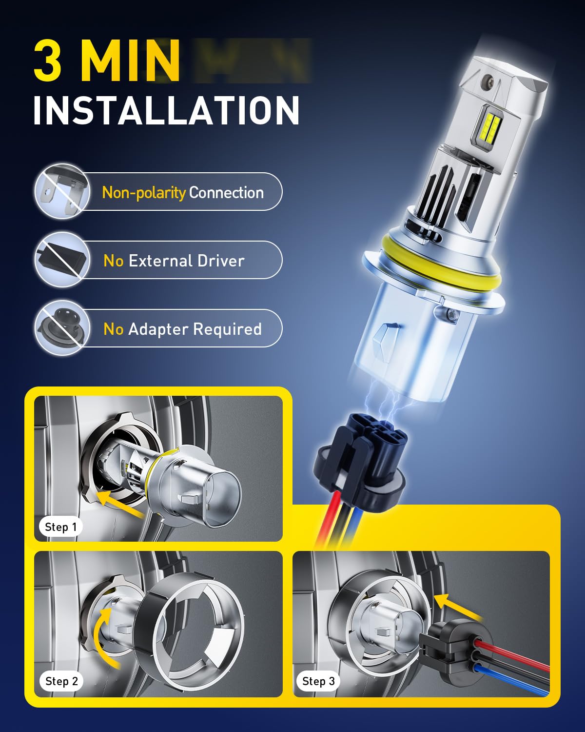 AUXITO 9007 installed in headlight housing improving road visibility