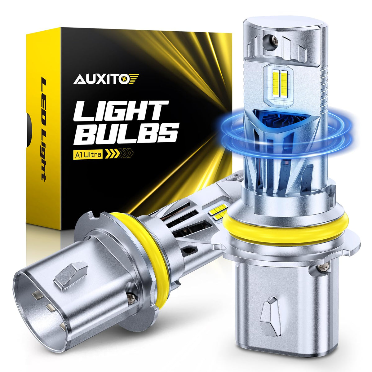 AUXITO 9007 pack front view showing bulbs and benefits