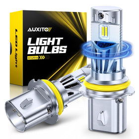 AUXITO 9007 pack front view showing bulbs and benefits