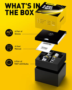 AUXITO pack and contents image showing included bulbs and ready-to-install nature