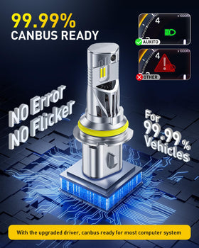 AUXITO 9007 next to halogen bulb showing size match and brighter output