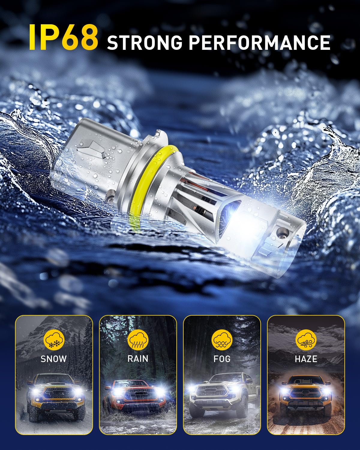 AUXITO 9007 under water splash test showing IP68 protection benefit