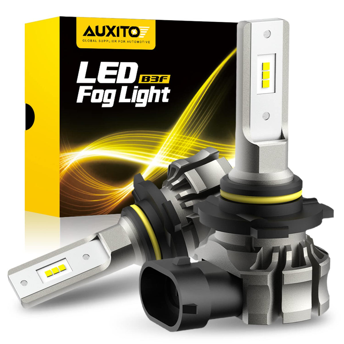 AUXITO front view of LED fog bulb pair showing compact housing and connectors for easy fit
