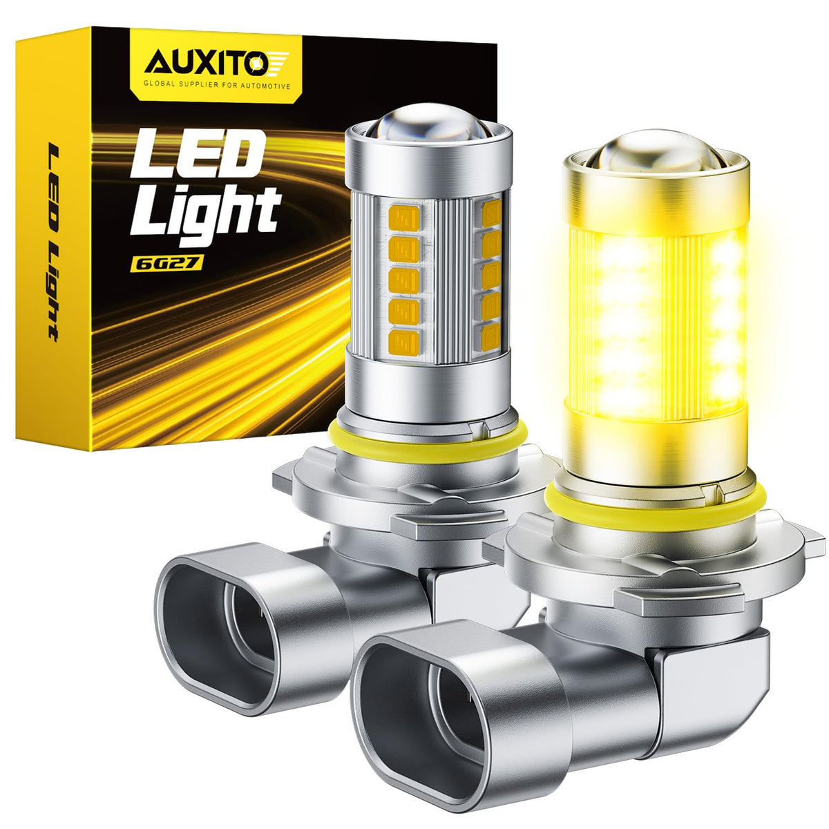 AUXITO front packaging showing amber H10 fog bulbs and benefits