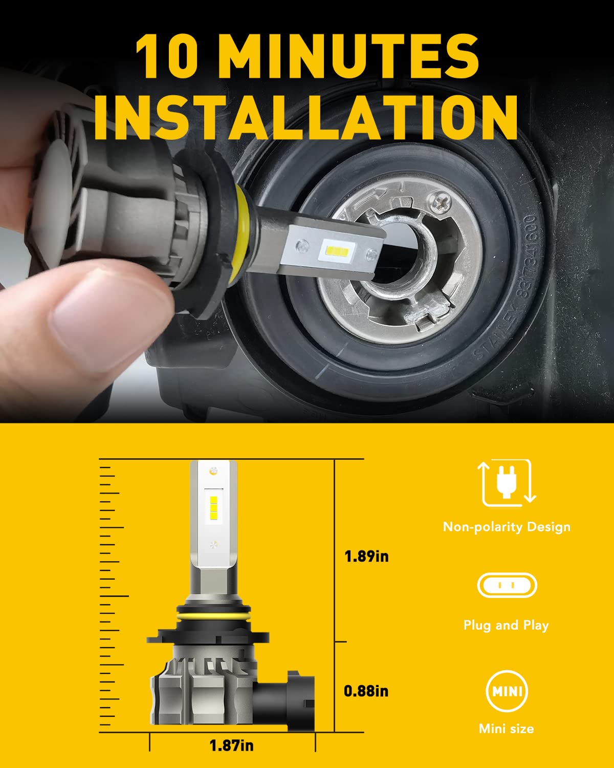 AUXITO bulb next to a ruler showing H10/9145 size for straightforward fitment
