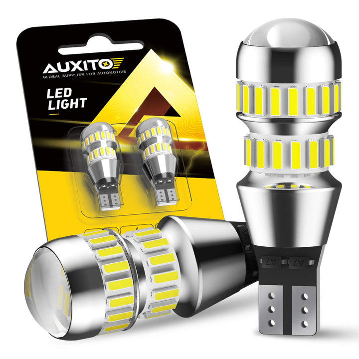 AUXITO front packaging view showing two LED bulbs and clear upgrade benefit