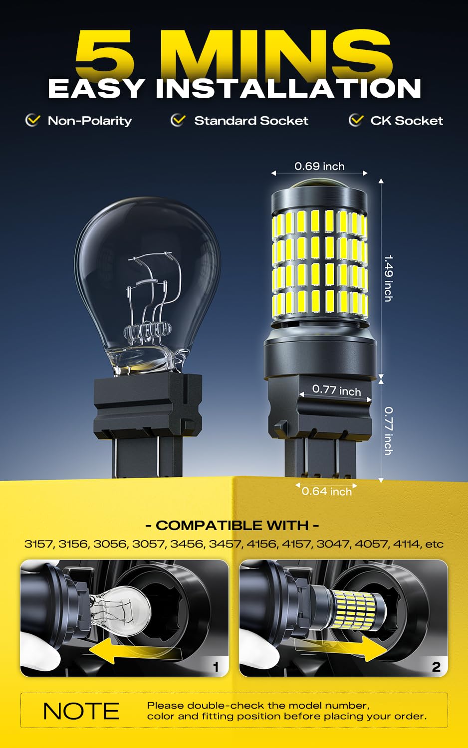 AUXITO bulb held in hand showing compact size and easy fit
