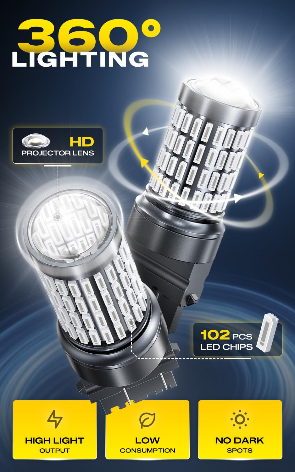 AUXITO bulb side profile highlighting aluminum body and vents, faster heat dissipation