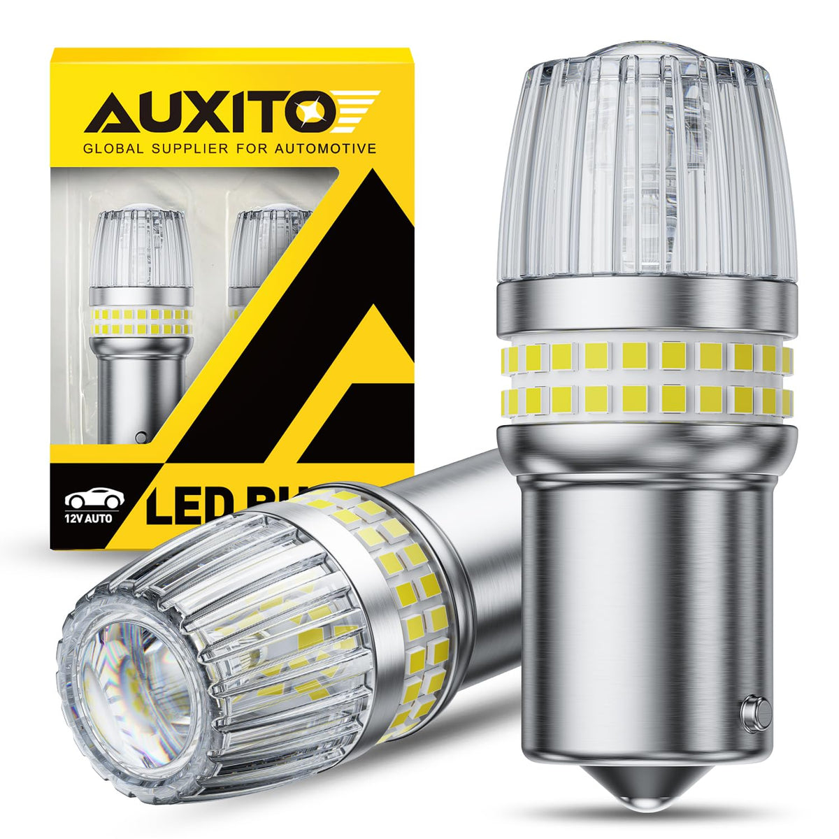 AUXITO front packaging showing two 1156 LED bulbs and benefits