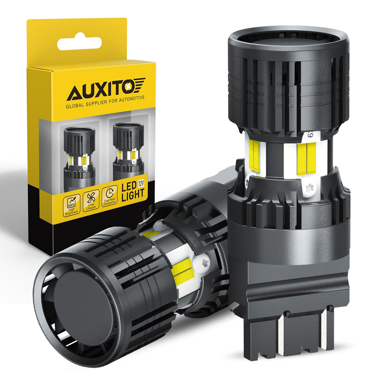 AUXITO front view of two 3157 LED bulbs showing compact plug-and-play design and bright finish