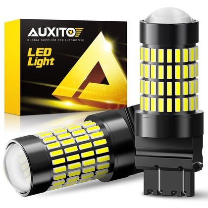 AUXITO front packaging showing two 3157 LED bulbs and benefits