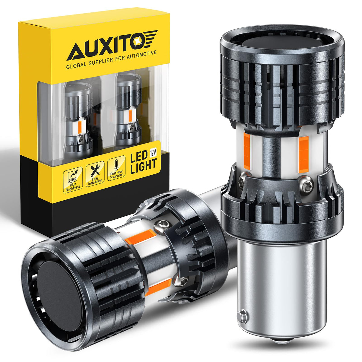 AUXITO front view of amber 7507 LED pack showing labeling and fitment benefits