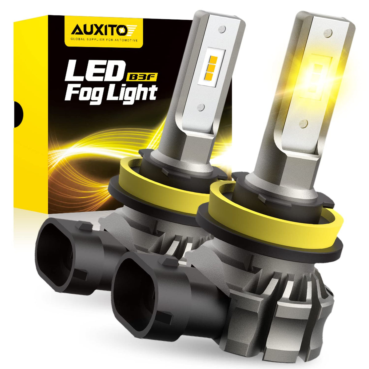 AUXITO front view of amber H11 H8 H16 bulb pack showing product and benefits