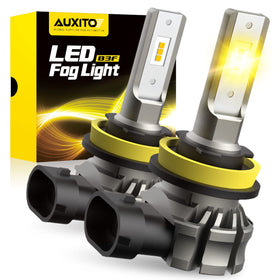 AUXITO front view of amber H11 H8 H16 bulb pack showing product and benefits