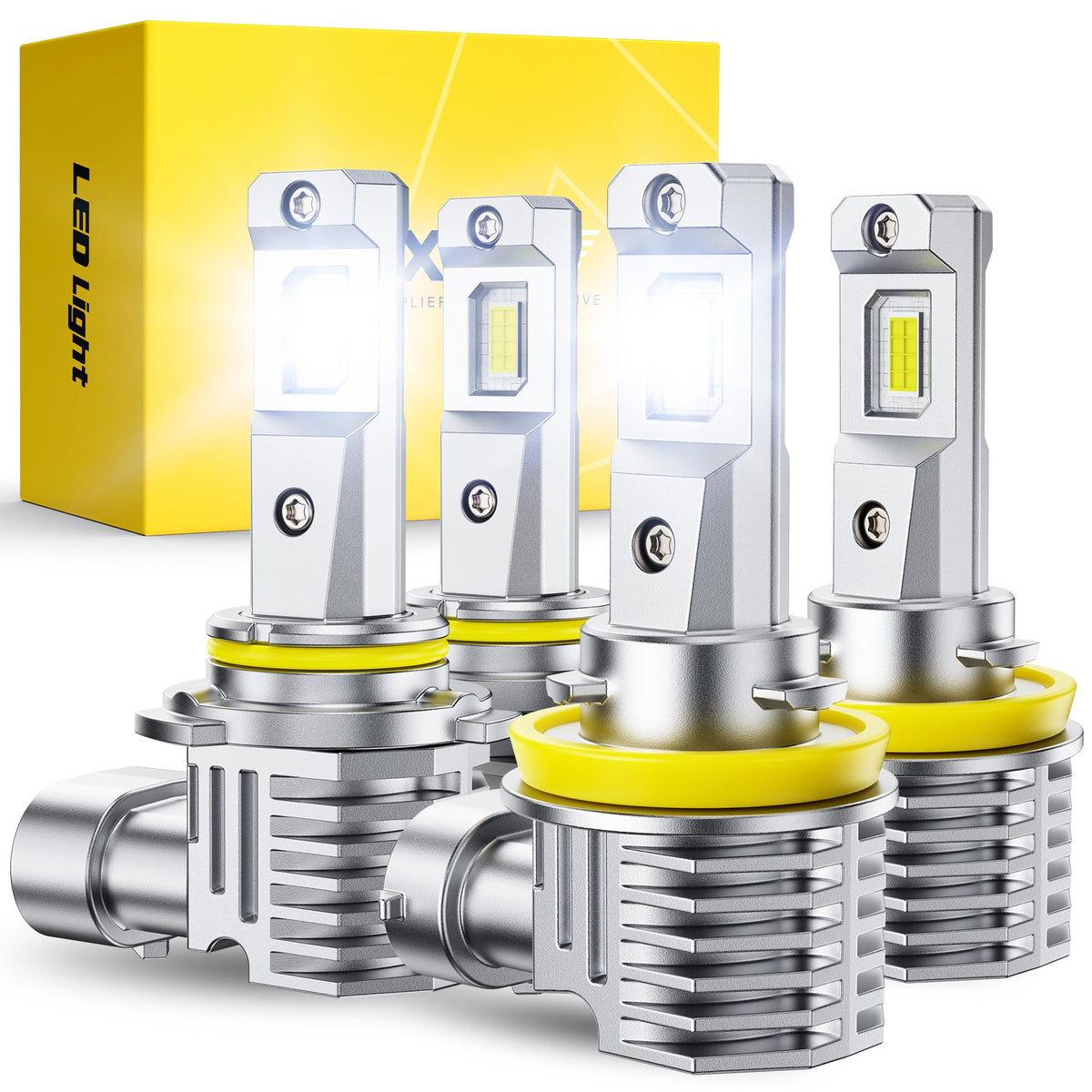 AUXITO front packaging showing H11 9005 four-bulb kit and benefits