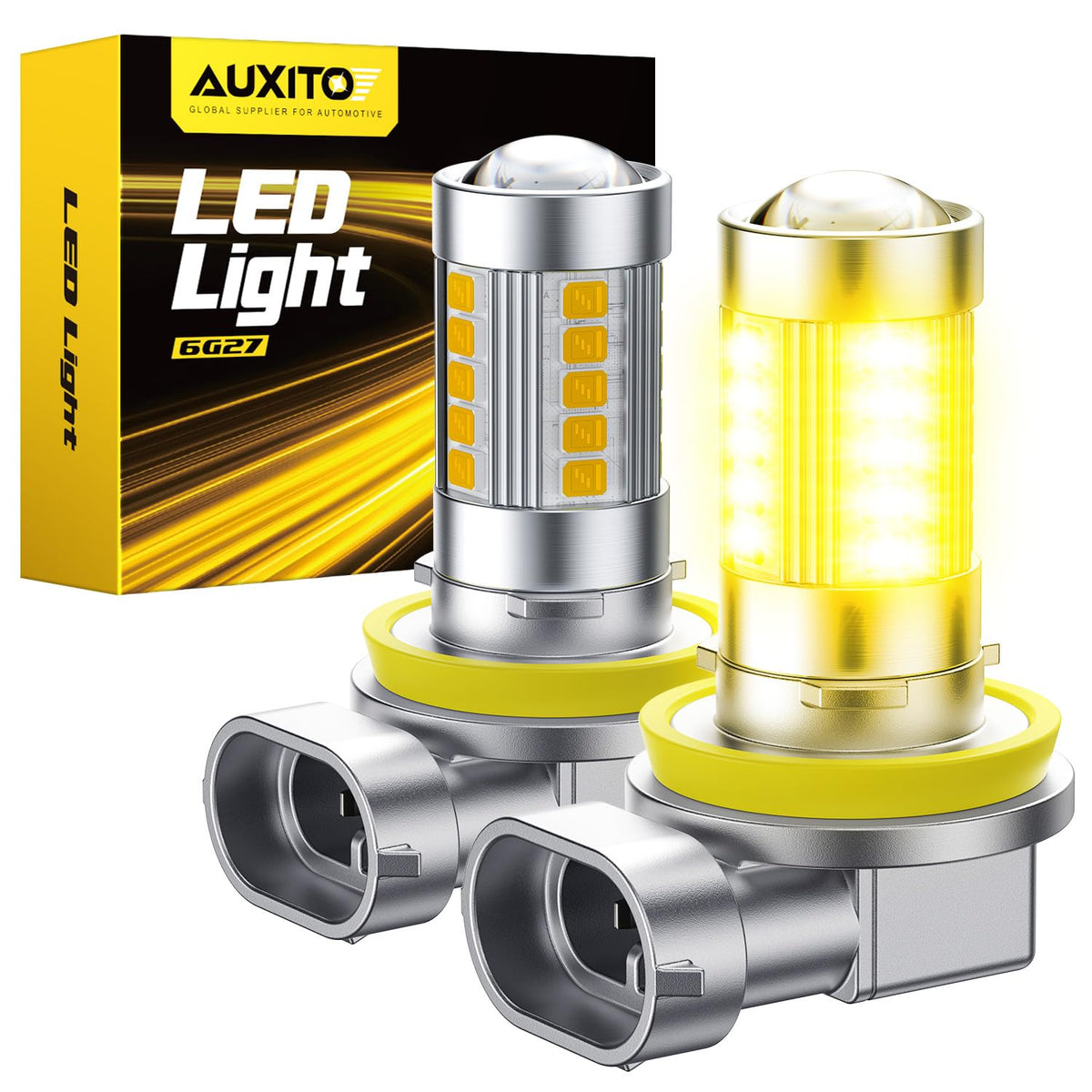 AUXITO front packaging showing H11 H8 amber fog bulbs and benefits