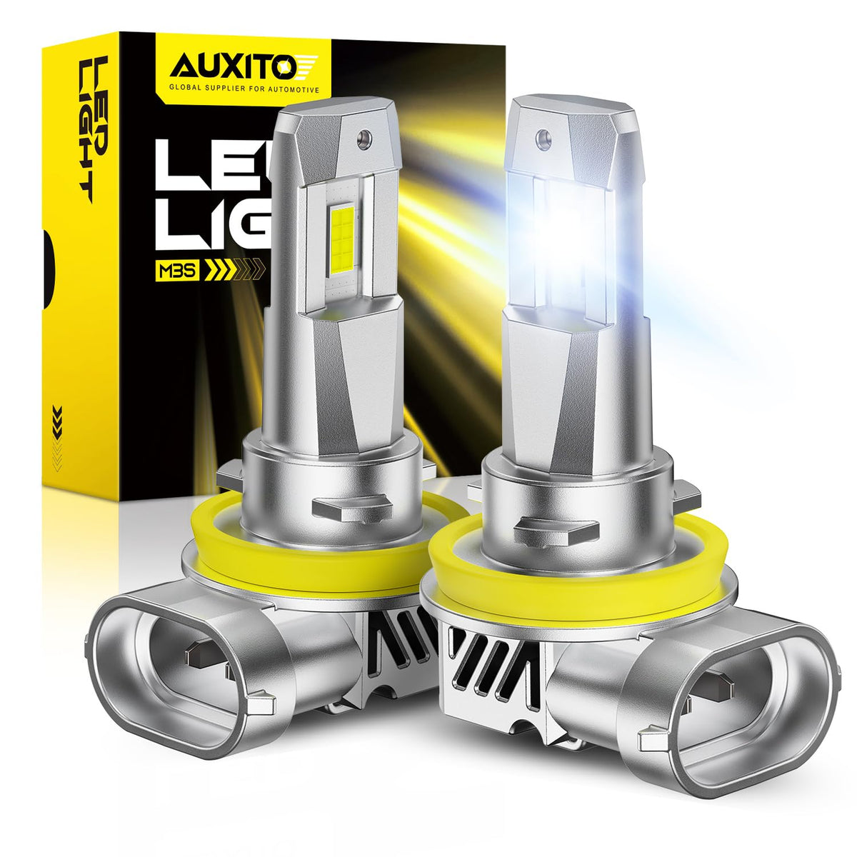 AUXITO front view packaging showing H11 LED bulb and bright feature highlights
