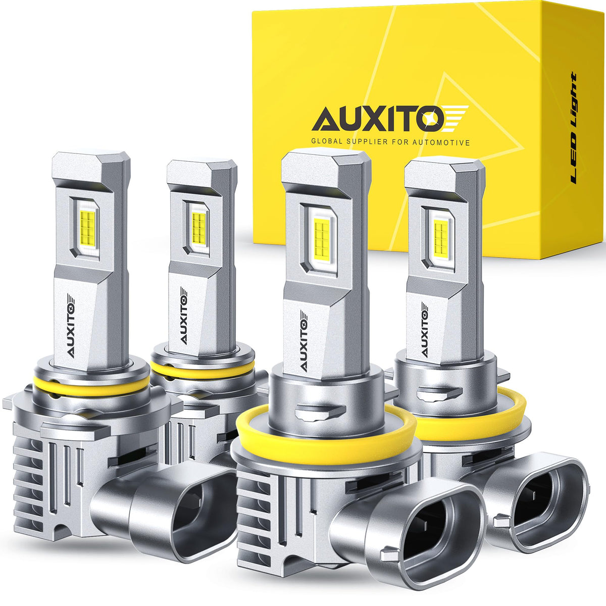 AUXITO front packaging showing pack of four LEDs and benefits