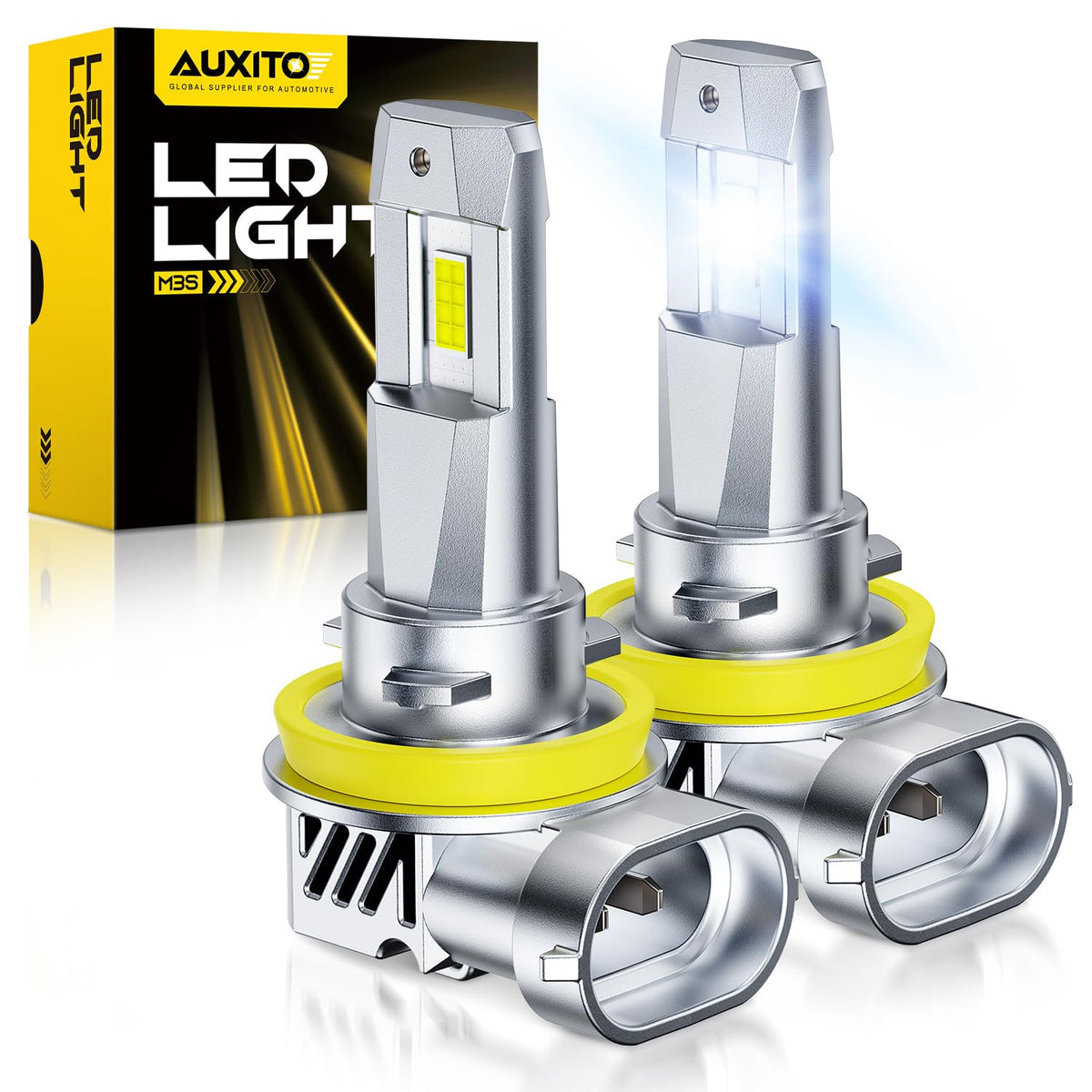 AUXITO front view of bulb pair packaging showing compatibility and quick install benefit