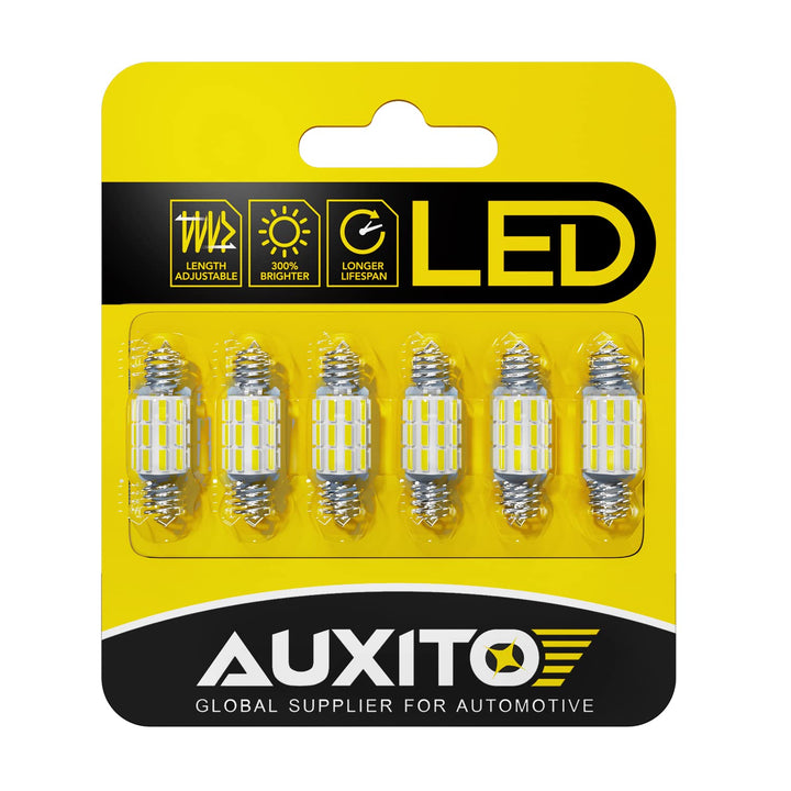 AUXITO front view of six 31-36mm bulbs showing bright design and easy replacement benefit