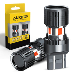 AUXITO front view of two red LED bulbs showing bright signal benefit