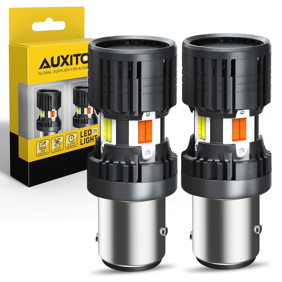 AUXITO front view pack of 2 bulbs showing dual-contact base and benefit of dual-color